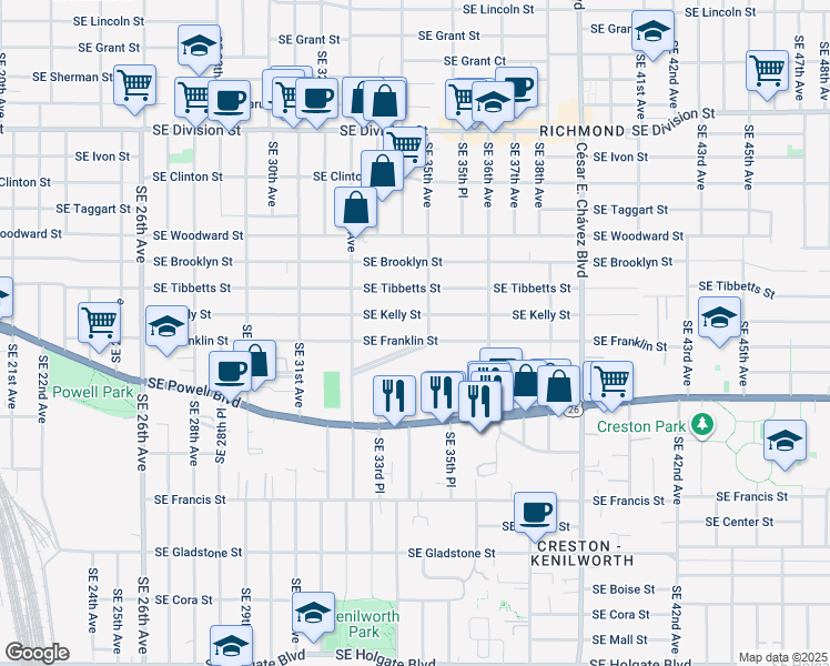 map of restaurants, bars, coffee shops, grocery stores, and more near 3390 Southeast Kelly Street in Portland