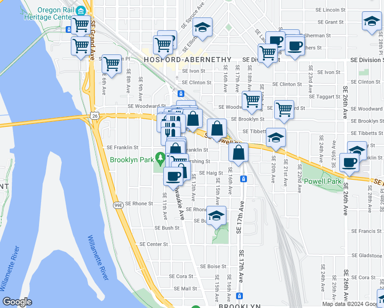 map of restaurants, bars, coffee shops, grocery stores, and more near 1310 Southeast Franklin Street in Portland