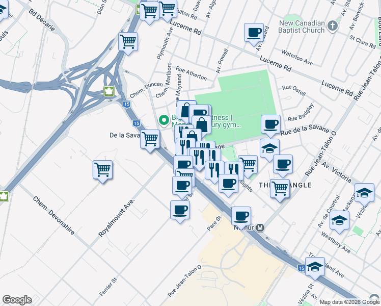 map of restaurants, bars, coffee shops, grocery stores, and more near 5200 Rue de la Savane in Montréal