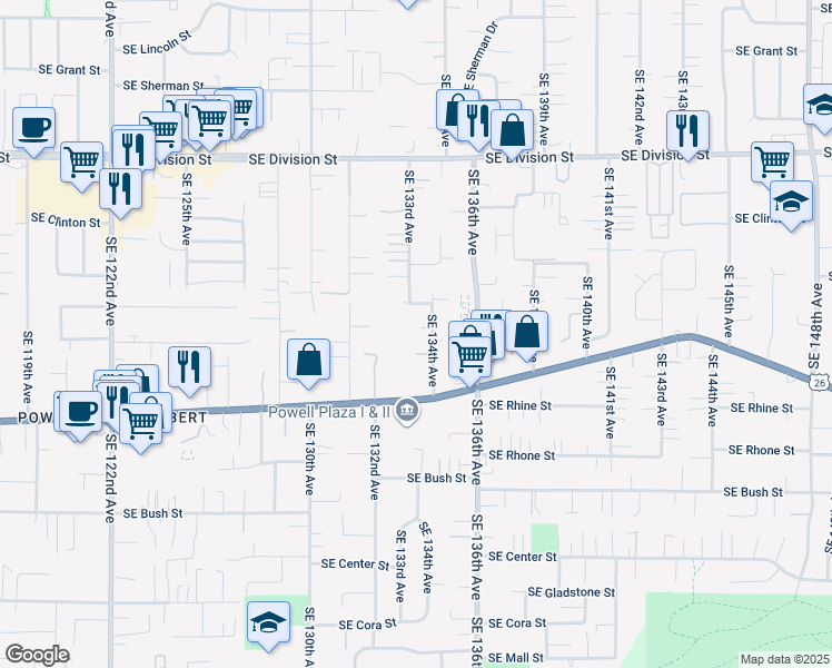 map of restaurants, bars, coffee shops, grocery stores, and more near 3121 Southeast 134th Avenue in Portland