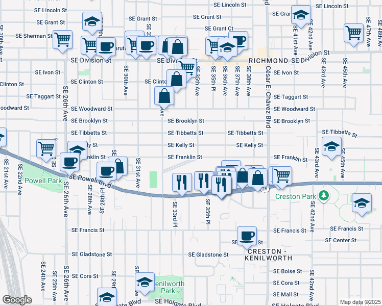 map of restaurants, bars, coffee shops, grocery stores, and more near 3390 Southeast Kelly Street in Portland