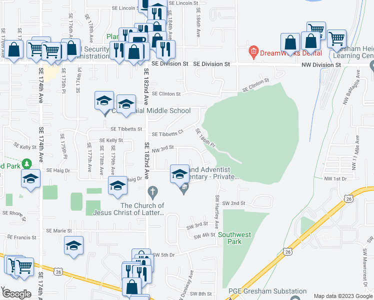 map of restaurants, bars, coffee shops, grocery stores, and more near 4010 Northwest 3rd Street in Gresham