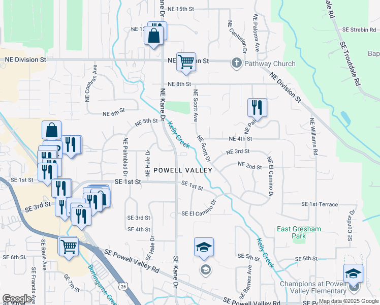 map of restaurants, bars, coffee shops, grocery stores, and more near 252 Northeast Kane Drive in Gresham