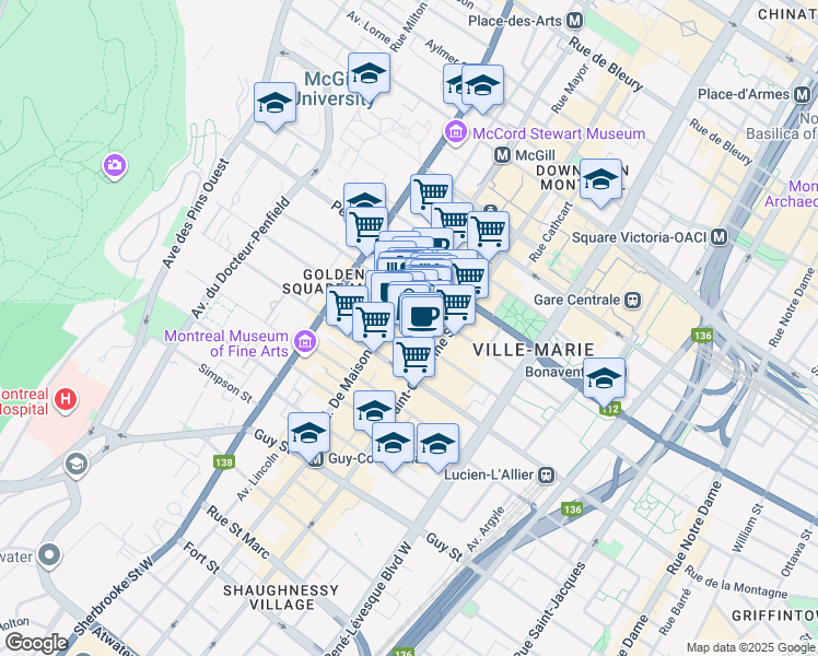 map of restaurants, bars, coffee shops, grocery stores, and more near in Montreal