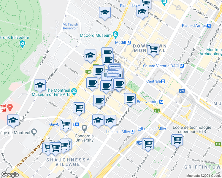 map of restaurants, bars, coffee shops, grocery stores, and more near 1410 Rue Stanley in Montréal