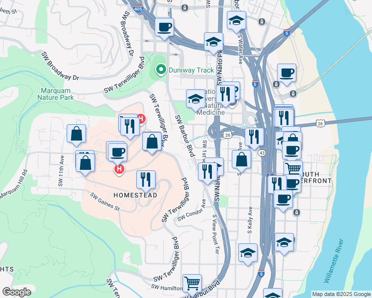 map of restaurants, bars, coffee shops, grocery stores, and more near 3301 Southwest Barbur Boulevard Frontage Road in Portland