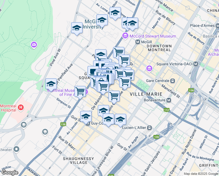 map of restaurants, bars, coffee shops, grocery stores, and more near Rue Drummond in Montréal