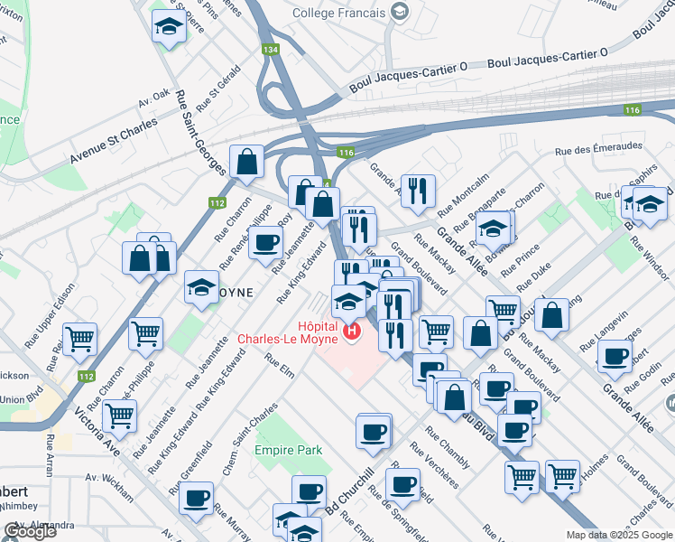 map of restaurants, bars, coffee shops, grocery stores, and more near 2954 Boulevard Taschereau in Longueuil