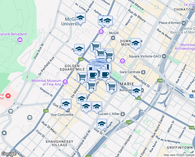 map of restaurants, bars, coffee shops, grocery stores, and more near 1125 Sainte-Catherine Ouest in Montréal