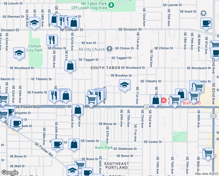 map of restaurants, bars, coffee shops, grocery stores, and more near 3205 Southeast 68th Avenue in Portland