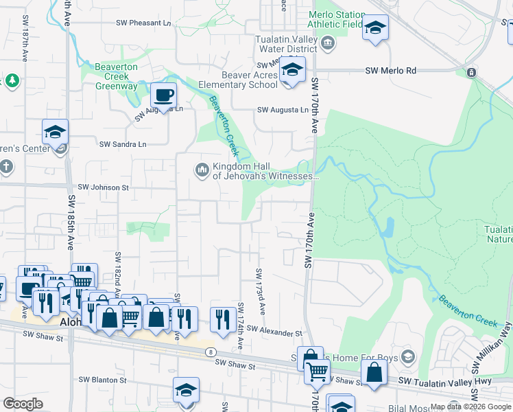 map of restaurants, bars, coffee shops, grocery stores, and more near 17309 Southwest Benji Court in Beaverton
