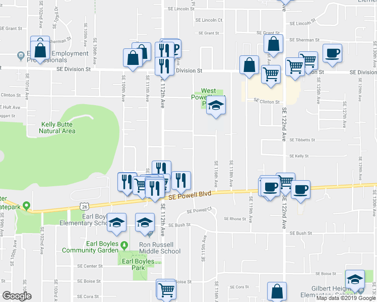 map of restaurants, bars, coffee shops, grocery stores, and more near 3131 Southeast 115th Avenue in Portland