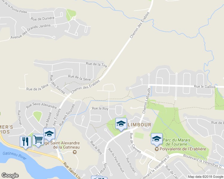 map of restaurants, bars, coffee shops, grocery stores, and more near 55 Rue Limbour in Gatineau