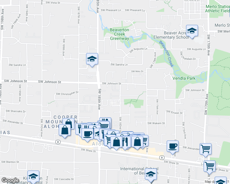 map of restaurants, bars, coffee shops, grocery stores, and more near 18268 Southwest Bergs Court in Beaverton