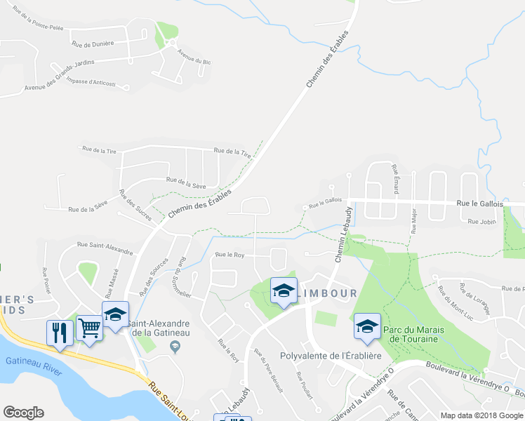 map of restaurants, bars, coffee shops, grocery stores, and more near 55 Rue Limbour in Gatineau