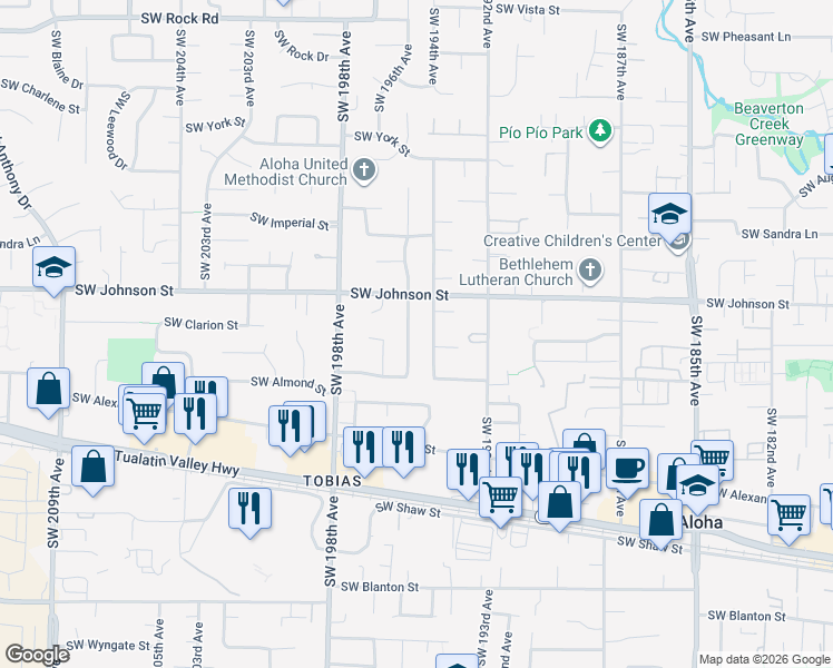 map of restaurants, bars, coffee shops, grocery stores, and more near 2805 Southwest 195th Avenue in Aloha