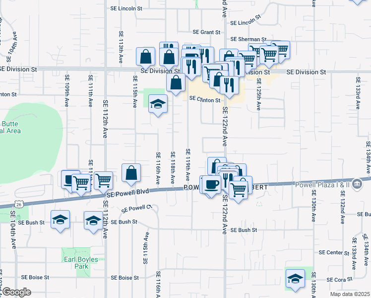 map of restaurants, bars, coffee shops, grocery stores, and more near 3119 Southeast 119th Avenue in Portland