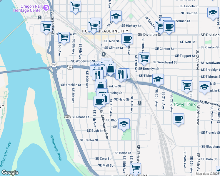 map of restaurants, bars, coffee shops, grocery stores, and more near 3309 Southeast 13th Avenue in Portland