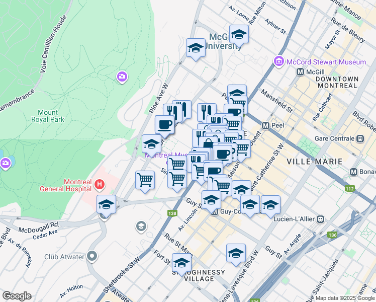map of restaurants, bars, coffee shops, grocery stores, and more near 3440 Avenue du Musée in Montréal