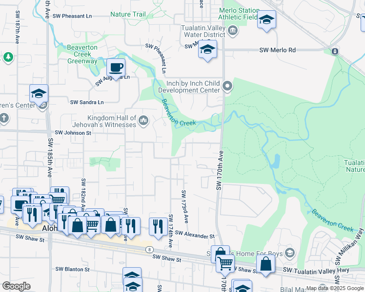 map of restaurants, bars, coffee shops, grocery stores, and more near 17309 Southwest Benji Court in Beaverton