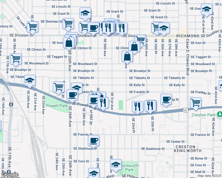 map of restaurants, bars, coffee shops, grocery stores, and more near 3233a Southeast 31st Avenue in Portland