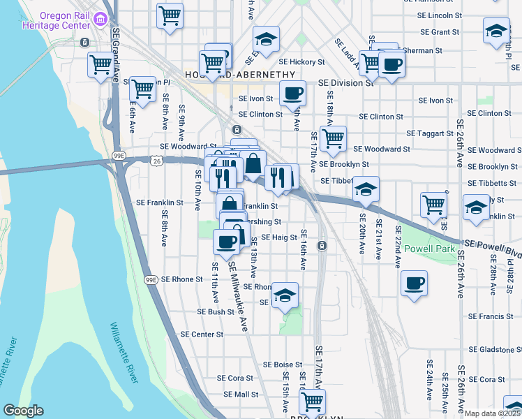 map of restaurants, bars, coffee shops, grocery stores, and more near 1310 Southeast Franklin Street in Portland