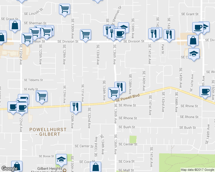 map of restaurants, bars, coffee shops, grocery stores, and more near 3134 Southeast 134th Avenue in Portland