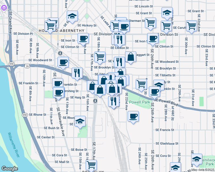 map of restaurants, bars, coffee shops, grocery stores, and more near 3220 Southeast 19th Avenue in Portland