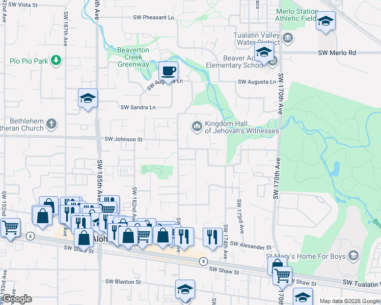 map of restaurants, bars, coffee shops, grocery stores, and more near 17732 Southwest Johnson Street in Beaverton