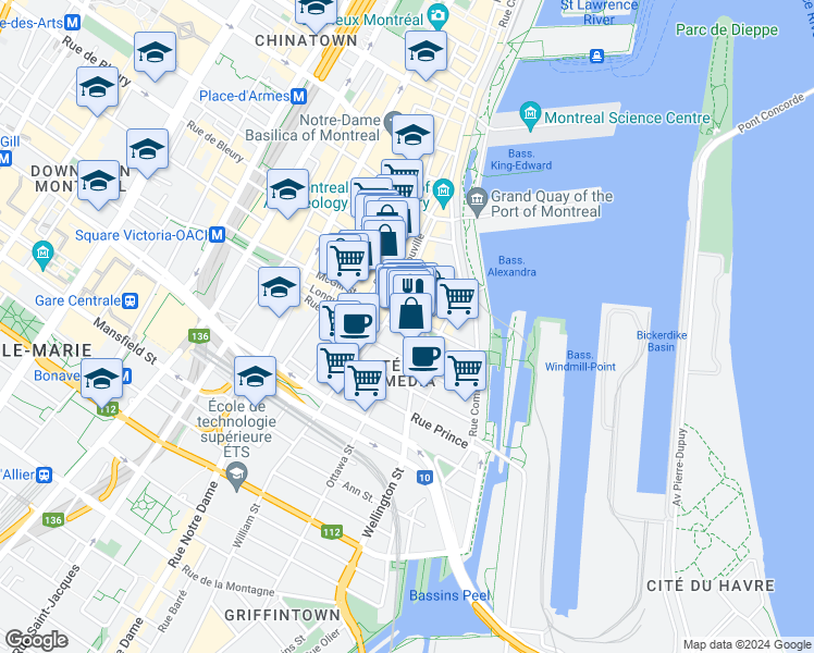 map of restaurants, bars, coffee shops, grocery stores, and more near 112 Rue McGill in Montréal