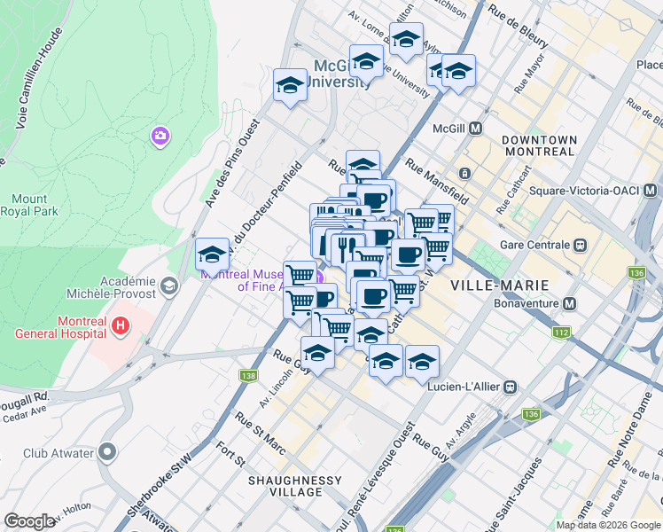 map of restaurants, bars, coffee shops, grocery stores, and more near 1300 Rue Sherbrooke Ouest in Montréal