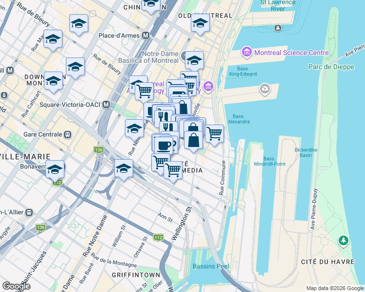 map of restaurants, bars, coffee shops, grocery stores, and more near 630 Rue William in Montréal