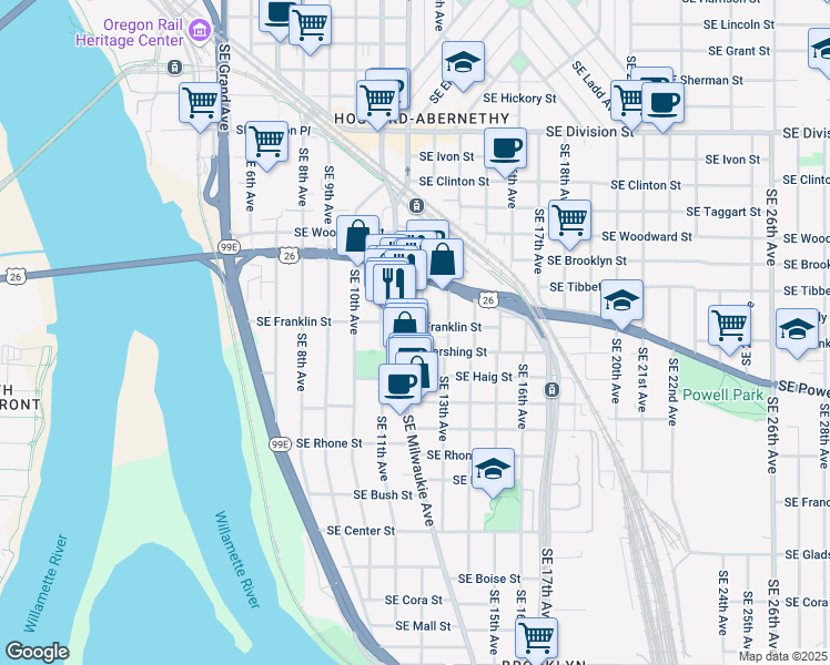 map of restaurants, bars, coffee shops, grocery stores, and more near 3305 Southeast 12th Avenue in Portland
