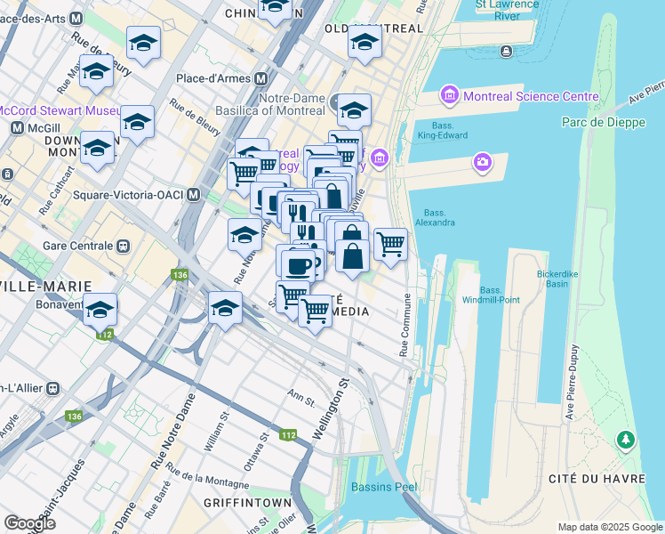 map of restaurants, bars, coffee shops, grocery stores, and more near 630 Rue William in Montréal