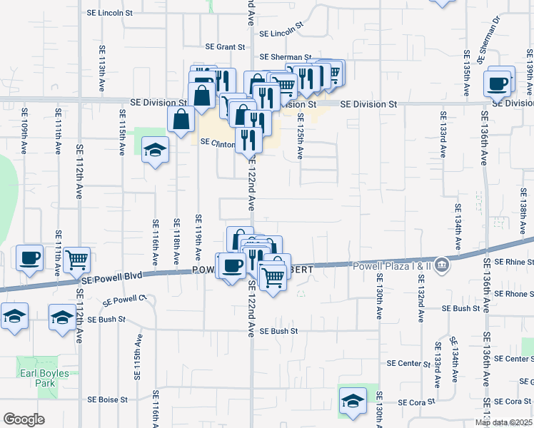 map of restaurants, bars, coffee shops, grocery stores, and more near 12221 Southeast Kelly Street in Portland