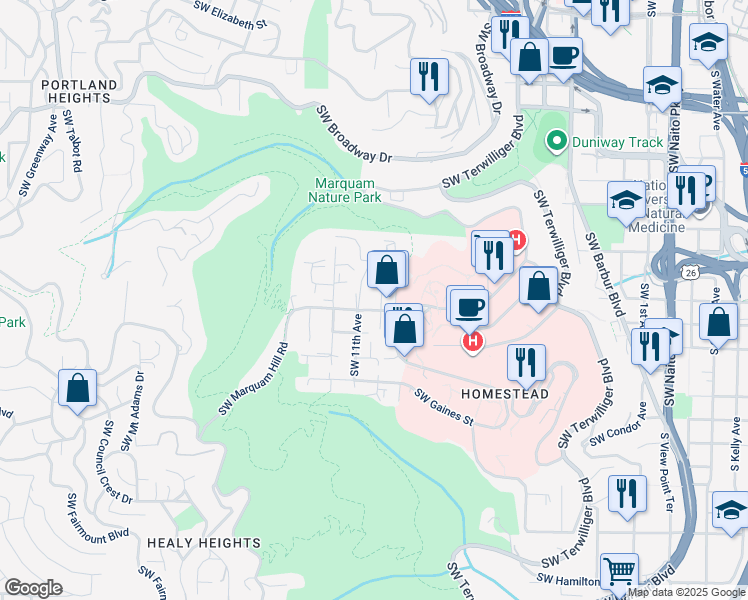 map of restaurants, bars, coffee shops, grocery stores, and more near 3216 Southwest 11th Avenue in Portland
