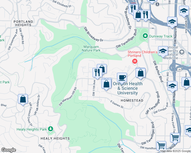 map of restaurants, bars, coffee shops, grocery stores, and more near 3216 Southwest 11th Avenue in Portland