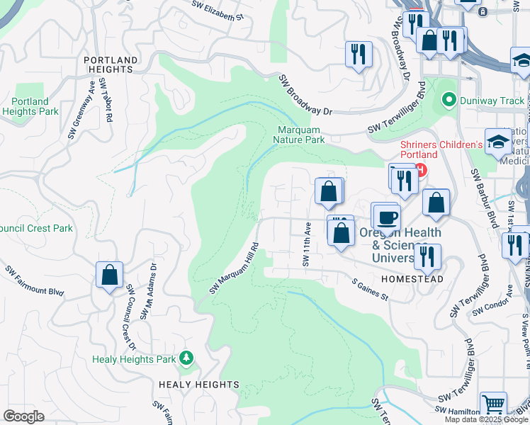 map of restaurants, bars, coffee shops, grocery stores, and more near 1325 Southwest Gibbs Street in Portland