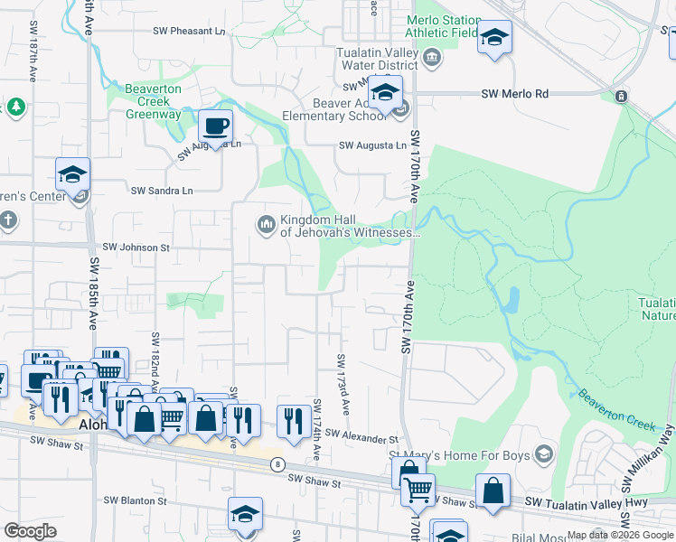 map of restaurants, bars, coffee shops, grocery stores, and more near 17309 Southwest Benji Court in Beaverton