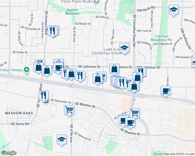 map of restaurants, bars, coffee shops, grocery stores, and more near 7190 Southeast Sterling Lane in Hillsboro