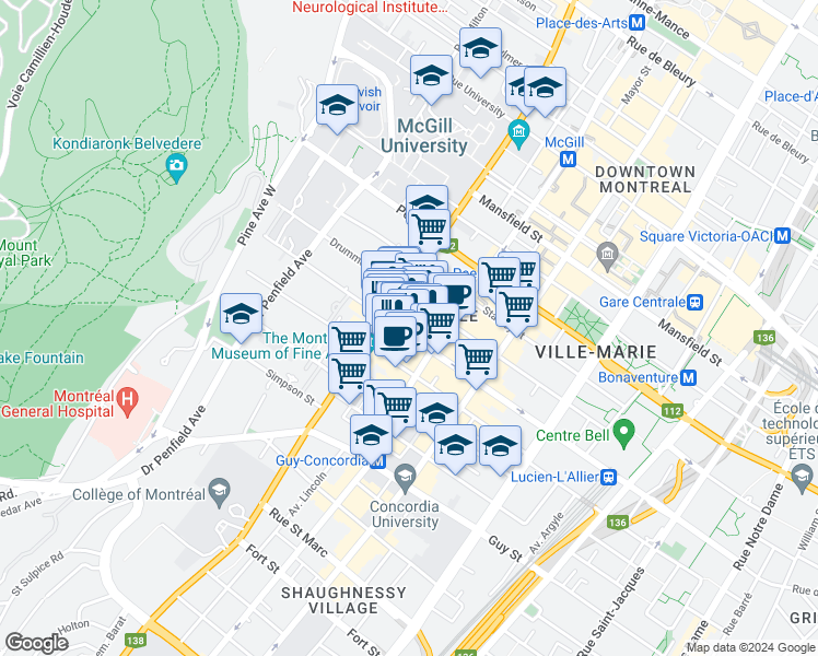 map of restaurants, bars, coffee shops, grocery stores, and more near 2155 Rue de la Montagne in Montréal
