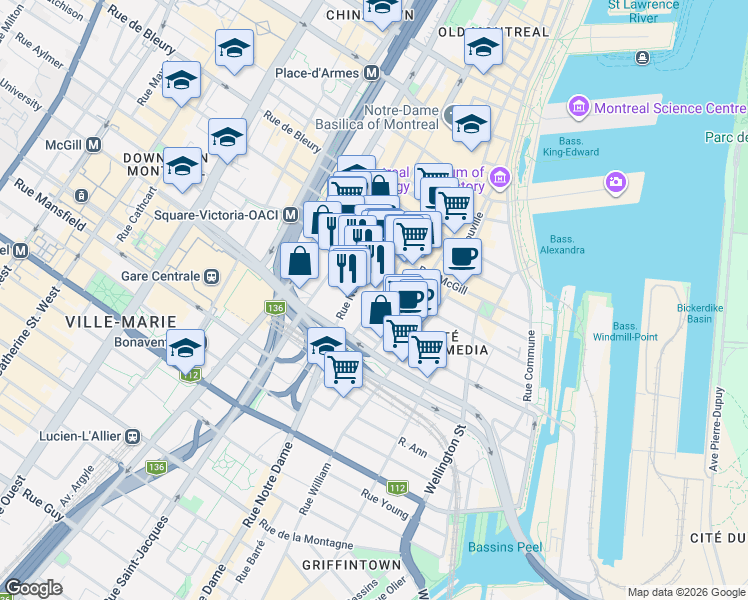 map of restaurants, bars, coffee shops, grocery stores, and more near 699 Rue Saint-Maurice in Montréal
