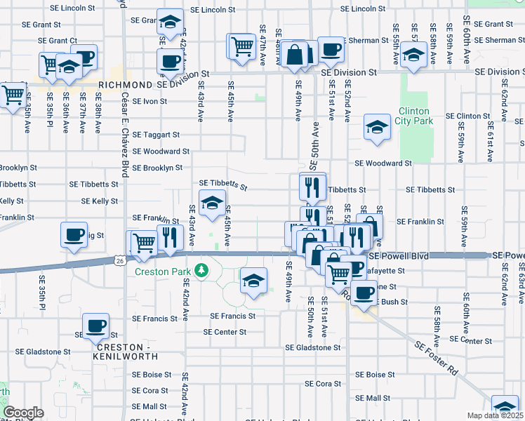 map of restaurants, bars, coffee shops, grocery stores, and more near 4706 Southeast Kelly Street in Portland