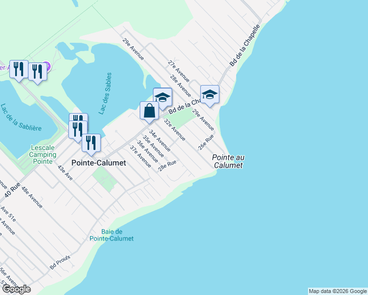 map of restaurants, bars, coffee shops, grocery stores, and more near 178 33e Avenue in Pointe-Calumet