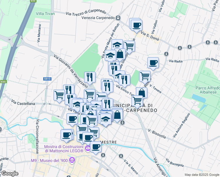 map of restaurants, bars, coffee shops, grocery stores, and more near Via Giosuè Borsi in Mestre