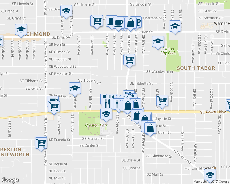 map of restaurants, bars, coffee shops, grocery stores, and more near 4828 Southeast Kelly Street in Portland