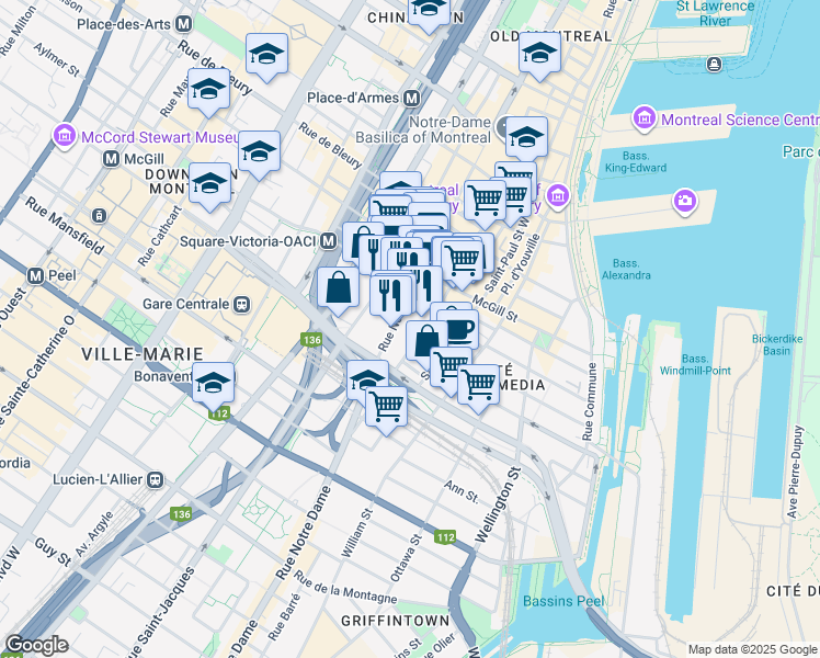 map of restaurants, bars, coffee shops, grocery stores, and more near 740 Rue Notre-Dame Ouest in Montréal