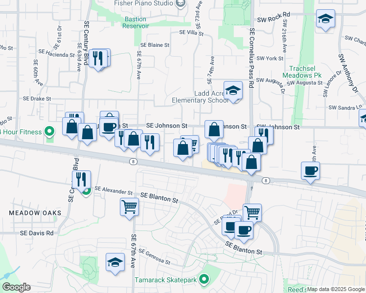 map of restaurants, bars, coffee shops, grocery stores, and more near 7190 Southeast Sterling Lane in Hillsboro