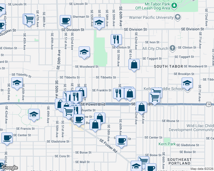 map of restaurants, bars, coffee shops, grocery stores, and more near 3208 Southeast 57th Avenue in Portland