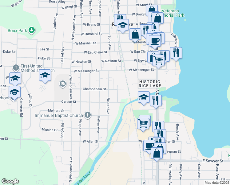 map of restaurants, bars, coffee shops, grocery stores, and more near 107 Reuter Avenue in Rice Lake